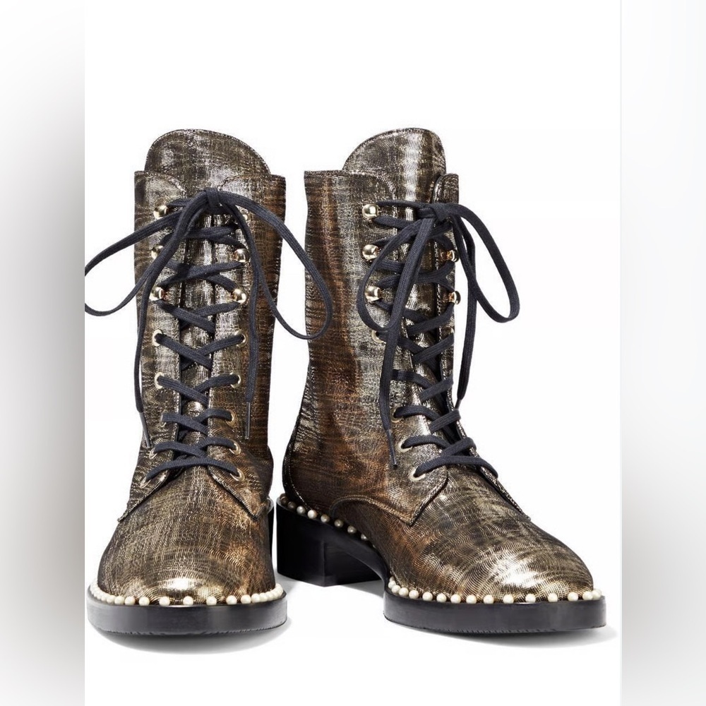 NWT Stuart Weitzman Allie Pearl Combat Boots 7.5 Bronze Gold Metallic